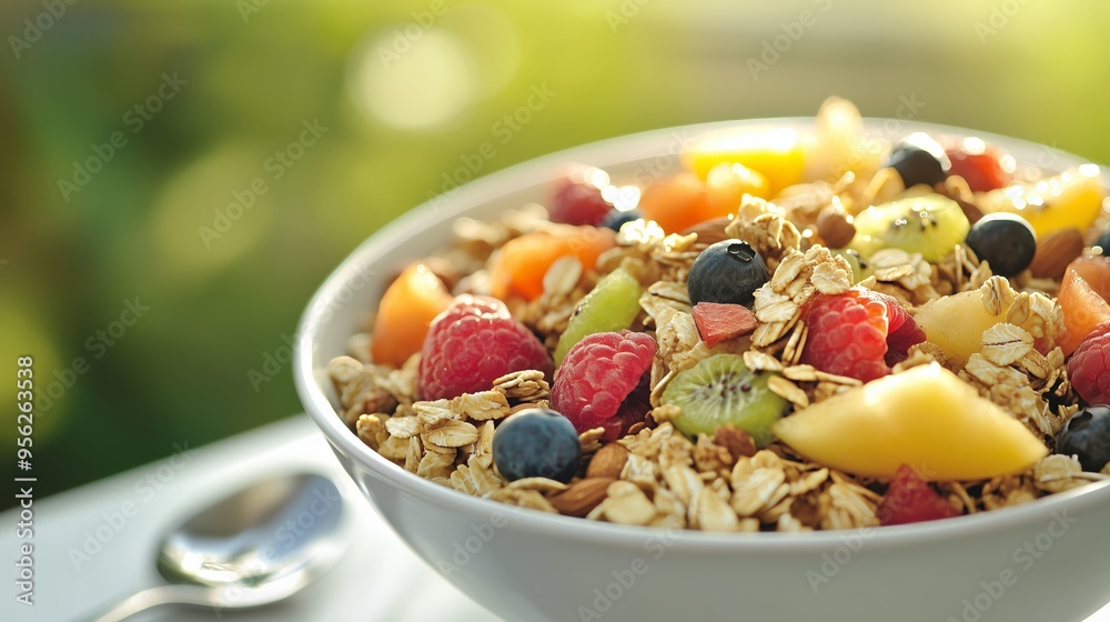 A vibrant bowl of granola muesli with fruits and nuts, embodying a fresh, nutritious breakfast. A vibrant bowl of granola muesli with fruits and nuts, embodying a fresh, nutritious breakfast.