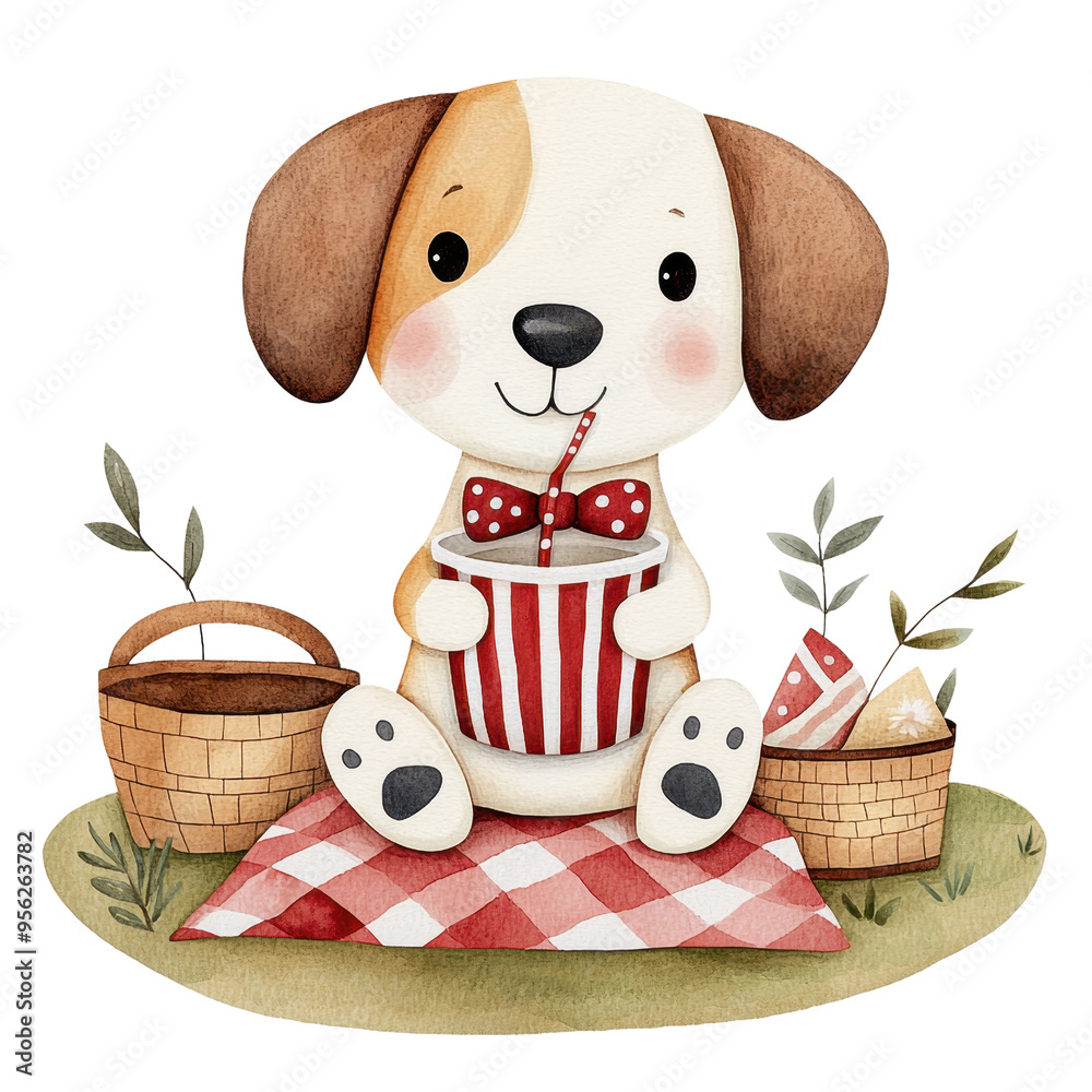 Cute cartoon puppy having a picnic on a checkered blanket with baskets ...