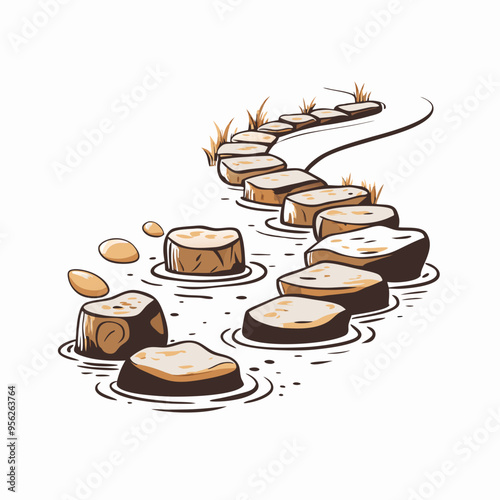 Stepping Stones Across River Illustration in Brown and White