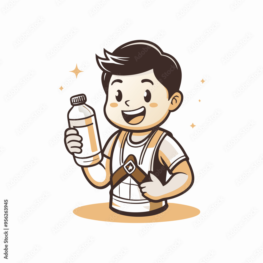 Cheerful Cartoon Character Holding Water Bottle with Energetic Expression Cheerful Cartoon Character Holding Water Bottle with Energetic Expression