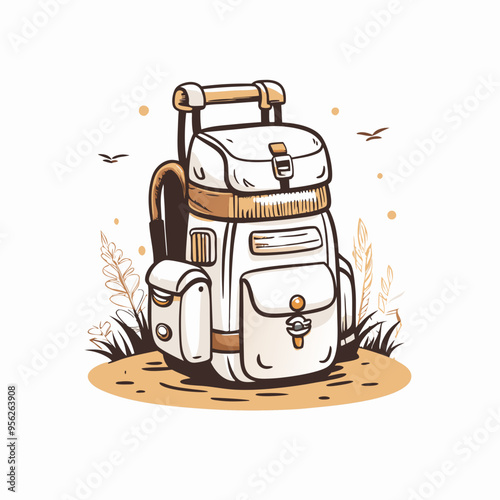 Sturdy Travel Backpack with Nature Elements in Warm Earth Tones Illustration