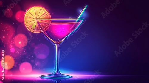 Neon cocktail icon illuminating a light backdrop, perfect for festive occasions. Decorate your party with this vibrant vector illustration. 