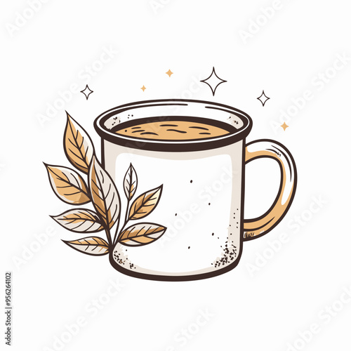 Steaming Mug of Coffee with Autumn Leaves in Warm, Cozy Illustration Style