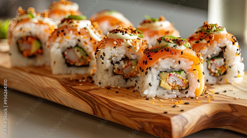 A wooden platter of homemade sushi topped with everything bagel seasoning A wooden platter of homemade sushi topped with everything bagel seasoning