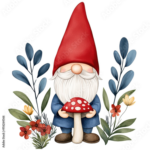 Cute garden gnome with red hat holding mushroom, surrounded by plants and flowers. Whimsical illustration for garden and decor enthusiasts. photo