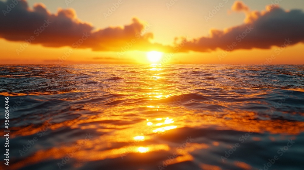 Golden Hour Sea: A mesmerizing golden sunset paints the sky and ocean with vibrant hues, the sun's rays reflecting off the rippling waves. The clouds, bathed in warm light, add a sense of tranquility Golden Hour Sea: A mesmerizing golden sunset paints the sky and ocean with vibrant hues, the sun's rays reflecting off the rippling waves. The clouds, bathed in warm light, add a sense of tranquility