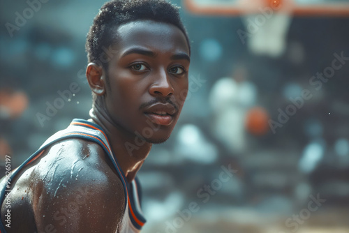 A young man in a basketball uniform standing on a court. photo