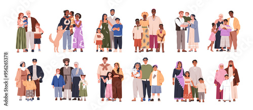 Families portraits, diversity. Happy diverse parents and kids of different nationalities, ethnicities, various cultures and traditions, set. Flat vector illustrations isolated on white background