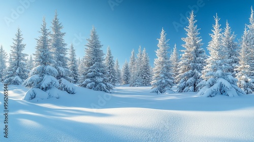 Winter Wonderland: A serene and magical winter landscape with snow-covered fir trees under a bright blue sky. The pristine white snow glistens in the sunlight, creating a picturesque scene of tranquil