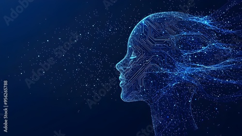 Artificial Intelligence and Digital Shaman, vector illustration of an AI head profile with circuitry patterns flowing into the background, symbolizing artificial intelligence technology on dark blue.