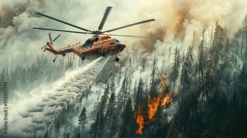 helicopter releasing water to put out forest fire photo