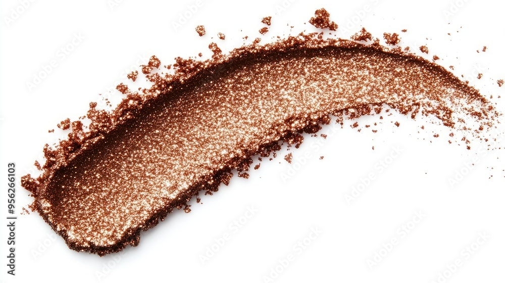 Glittering bronze eye shadow swatch, applied wet on a white background, capturing the luminous texture. Glittering bronze eye shadow swatch, applied wet on a white background, capturing the luminous texture.