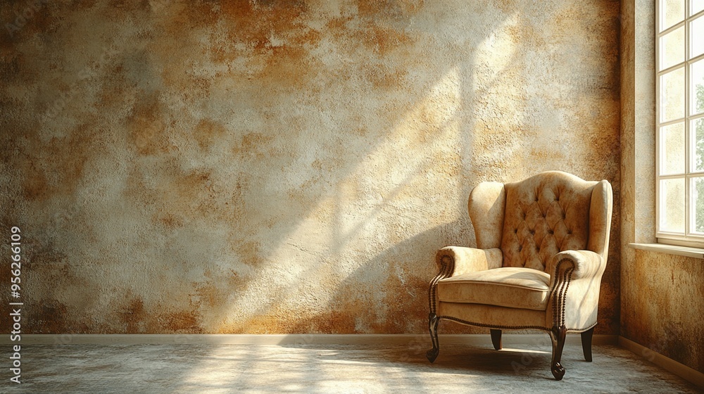 Sunlit Sanctuary: A single, plush armchair sits invitingly in a sun-drenched room, bathed in warm light that casts long shadows on the textured wall. The perfect spot for contemplation and relaxation. Sunlit Sanctuary: A single, plush armchair sits invitingly in a sun-drenched room, bathed in warm light that casts long shadows on the textured wall. The perfect spot for contemplation and relaxation.