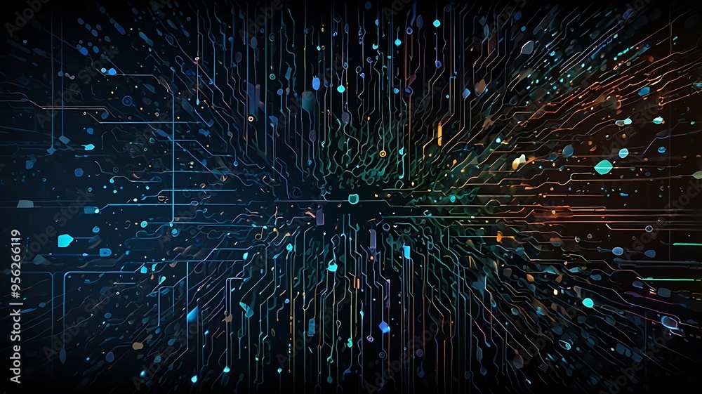 Obraz premium Abstract digital network circuit board background banner with glowing light and connecting data dots in blue and black colors. Big data technology concept.