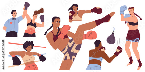 Woman boxing set. Women boxers in gloves fight in ring, hitting bag and train in gym. Strong girls doing sports at boxing workout. Flat vector illustration collection isolated on white background