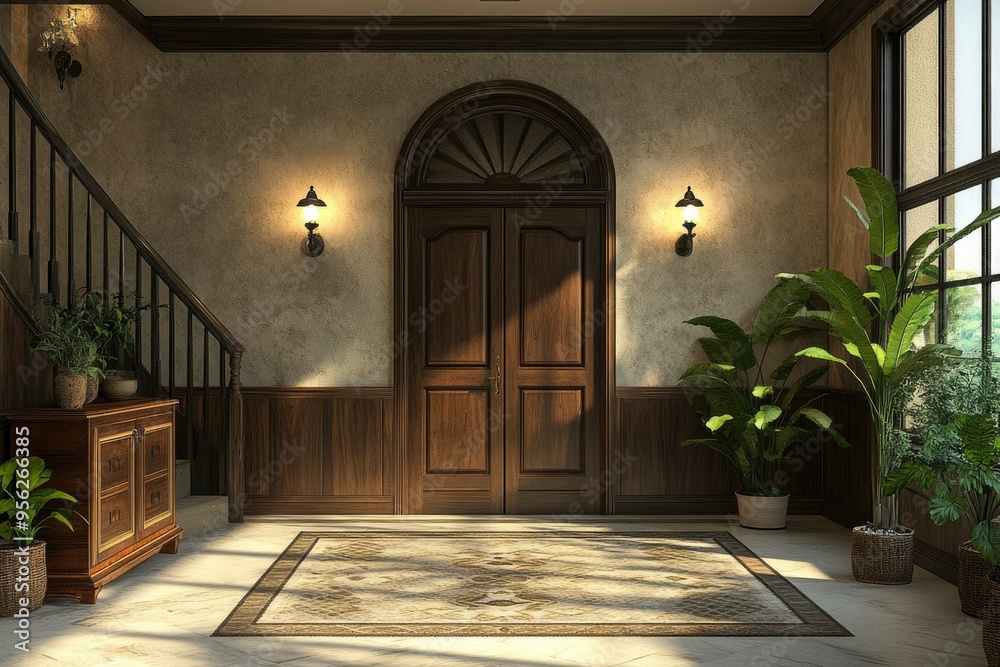 Fototapeta premium Elegant Foyer with Arched Wooden Door and Sunlit Floor