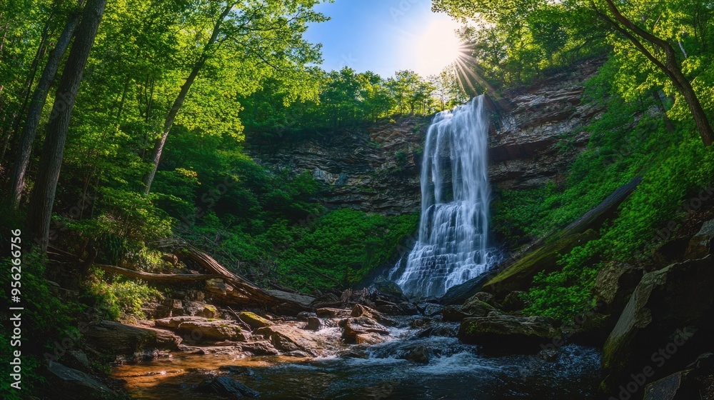 Naklejka premium Panoramic beautiful deep forest waterfall