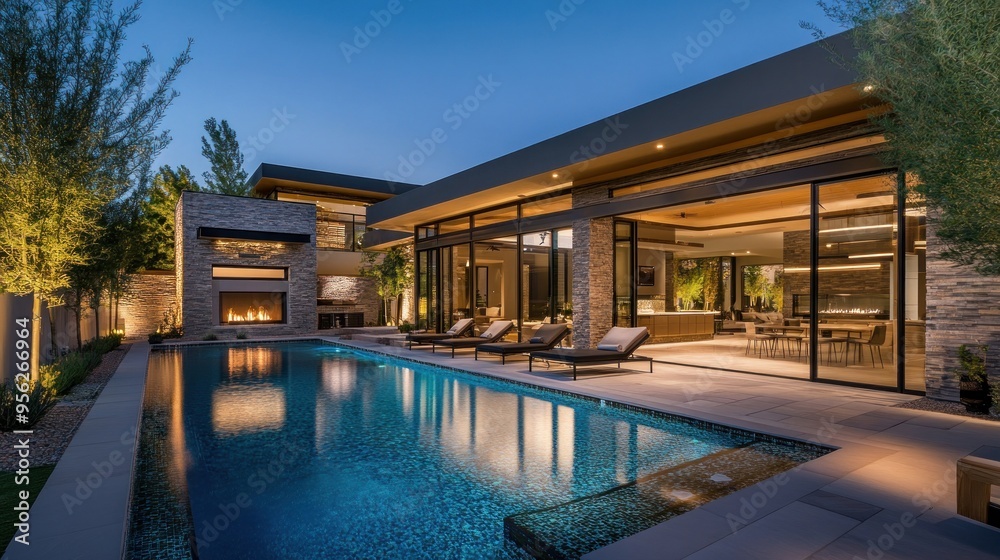 Fototapeta premium Modern Home with Pool and Fire Pit