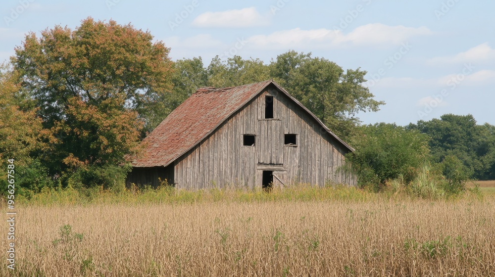 Rural barn with a dilapidated roof, showing signs of age and wear, amidst a field of tall grass. Rural barn with a dilapidated roof, showing signs of age and wear, amidst a field of tall grass.