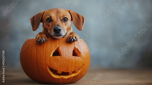 A Dog Inside a Pumpkin for Halloween, Playful and Festive 3D Illustration. AI generated illustration.