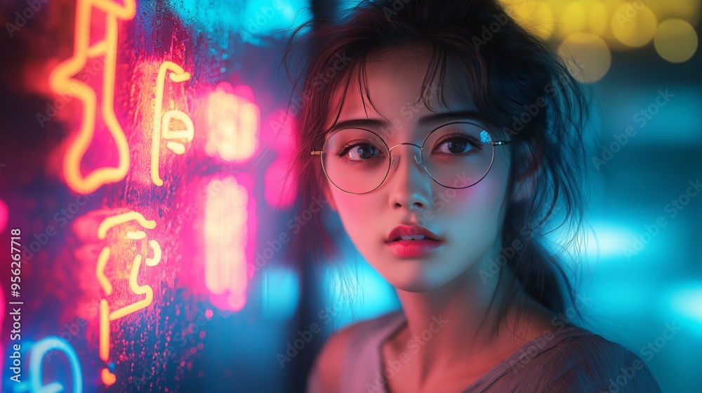 Portrait of a Young Woman with Round Glasses Standing Beside Neon Signs at Night, Capturing the Urban Nightlife Aesthetic with Vibrant Colors and Reflective Neon Glow