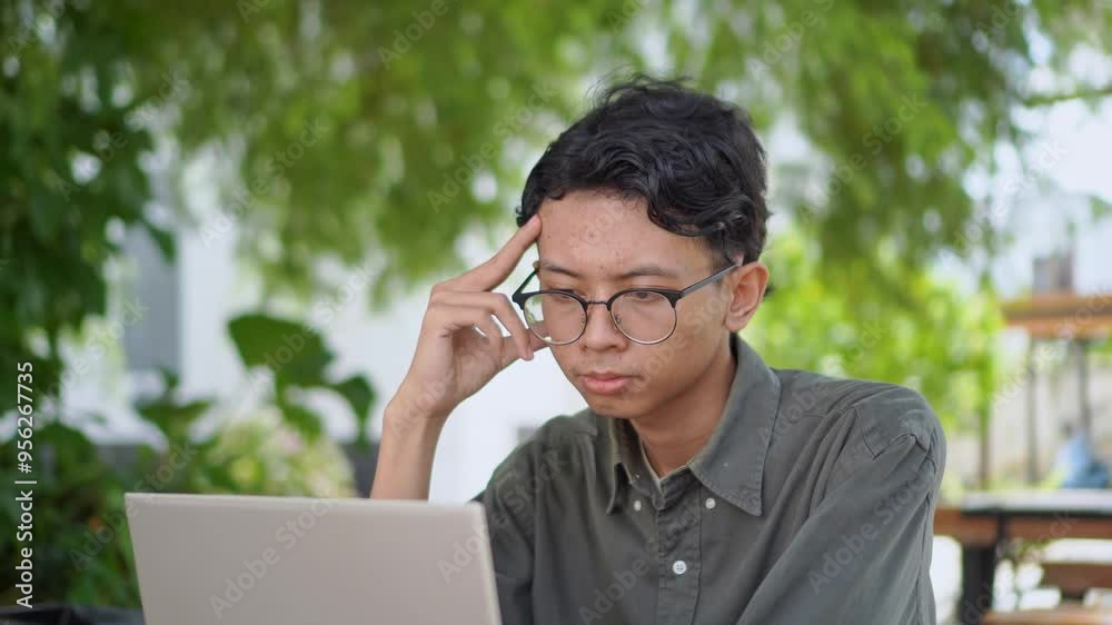 Young asian man thinking while looking to his laptop. Man working on his laptop at the outdoor cafe in the morning Young asian man thinking while looking to his laptop. Man working on his laptop at the outdoor cafe in the morning
