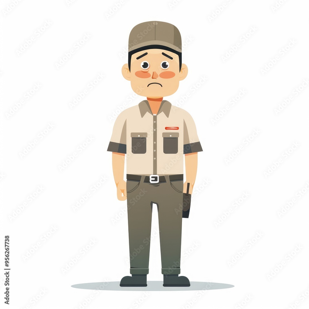 Worker in a hat, standing with a sad expression, in a flat design on a white backdrop. Worker in a hat, standing with a sad expression, in a flat design on a white backdrop.