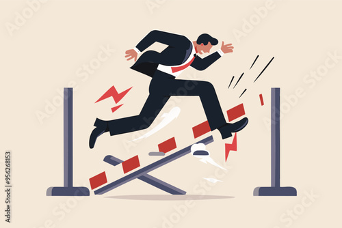 Overcoming Business Failure: Frustrated Businessman Failing to Jump Hurdle and Falling to the Ground