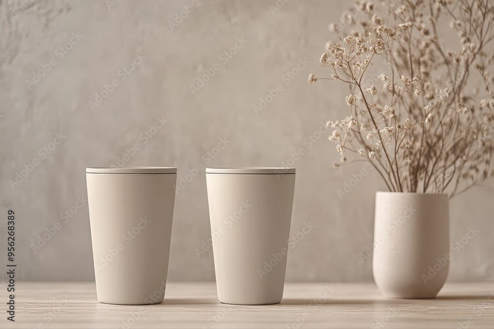 Two minimalist cups beside a vase with dried flowers on a neutral background.