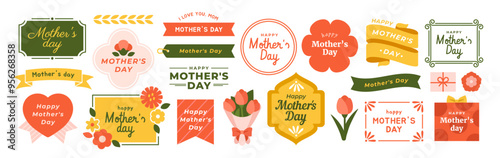 Happy Mothers Day Decorative Elements. Beautiful frames and borders with flowers and inscriptions. Greeting cards for holiday celebration. Flat vector illustration isolated on white background