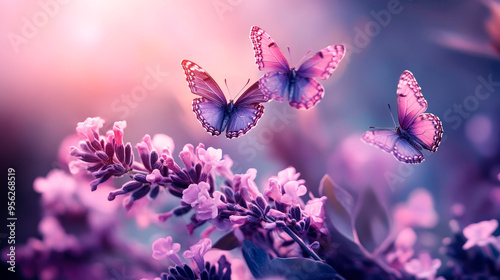 Fototapeta Naklejka Na Ścianę i Meble -  Butterflies flying over a purple flowers against gentle magical background. Summer or spring season.