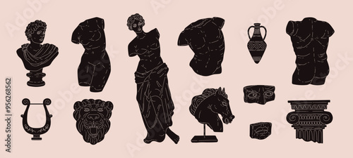 Modern set of vector illustrations of ancient mythical sculptures.