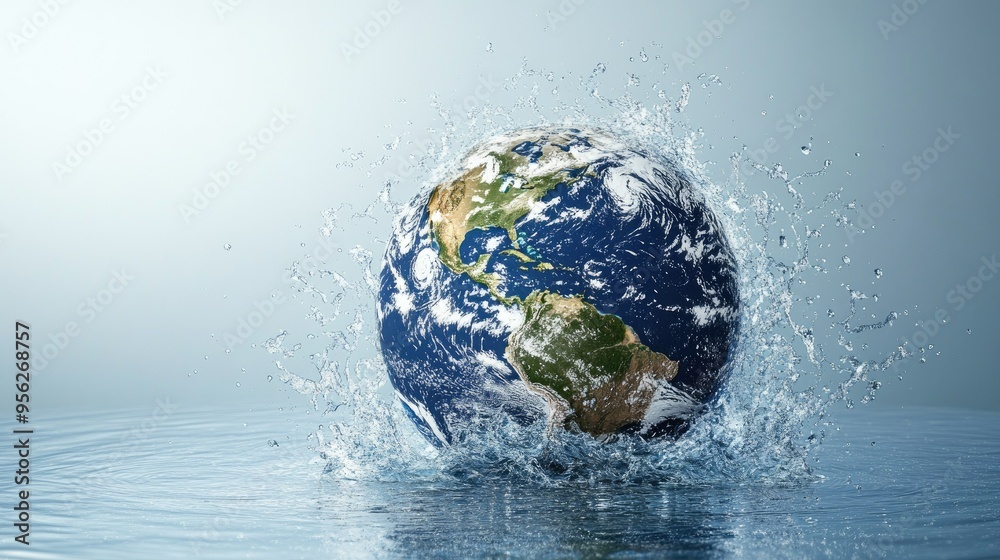 Fototapeta premium The planet Earth submerged in a watery sphere, with splash effects surrounding it, isolated against a plain background.