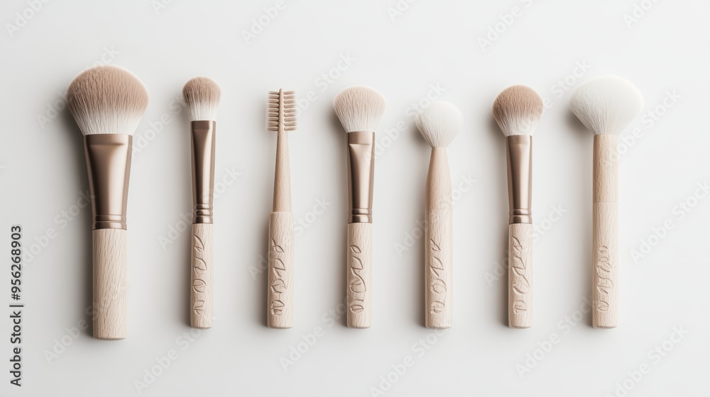 Fototapeta premium A makeup brush set mockup with handles made from sustainably sourced wood, each engraved with different natural elements like leaves, waves, and clouds, representing the harmony of nature.