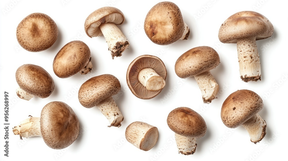 Top view of brown beech mushrooms (Shimeji) isolated on white, creating a minimalist, organic image. Top view of brown beech mushrooms (Shimeji) isolated on white, creating a minimalist, organic image.