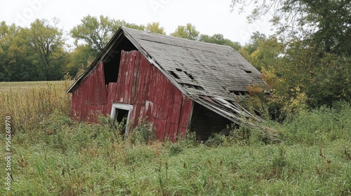 The remnants of an old barn with a broken roof, leaning to one side, surrounded by wild vegetation.