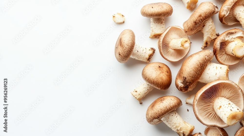 Top view of brown beech mushrooms (Shimeji) isolated on white, creating a minimalist, organic image. Top view of brown beech mushrooms (Shimeji) isolated on white, creating a minimalist, organic image.