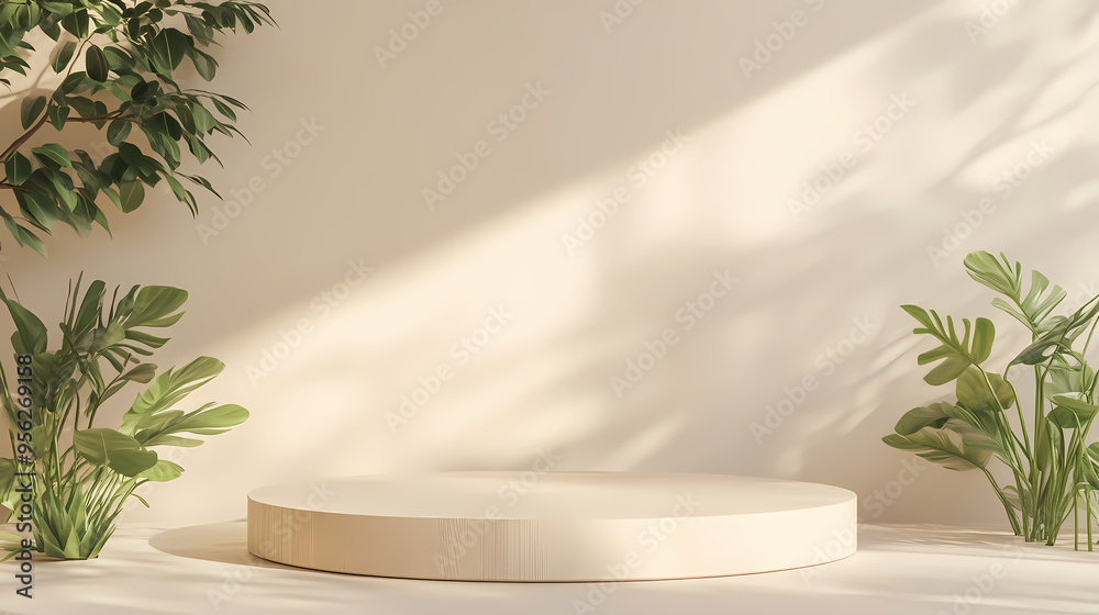 Indoor exhibition space decorated with circular platform and green plants Indoor exhibition space decorated with circular platform and green plants