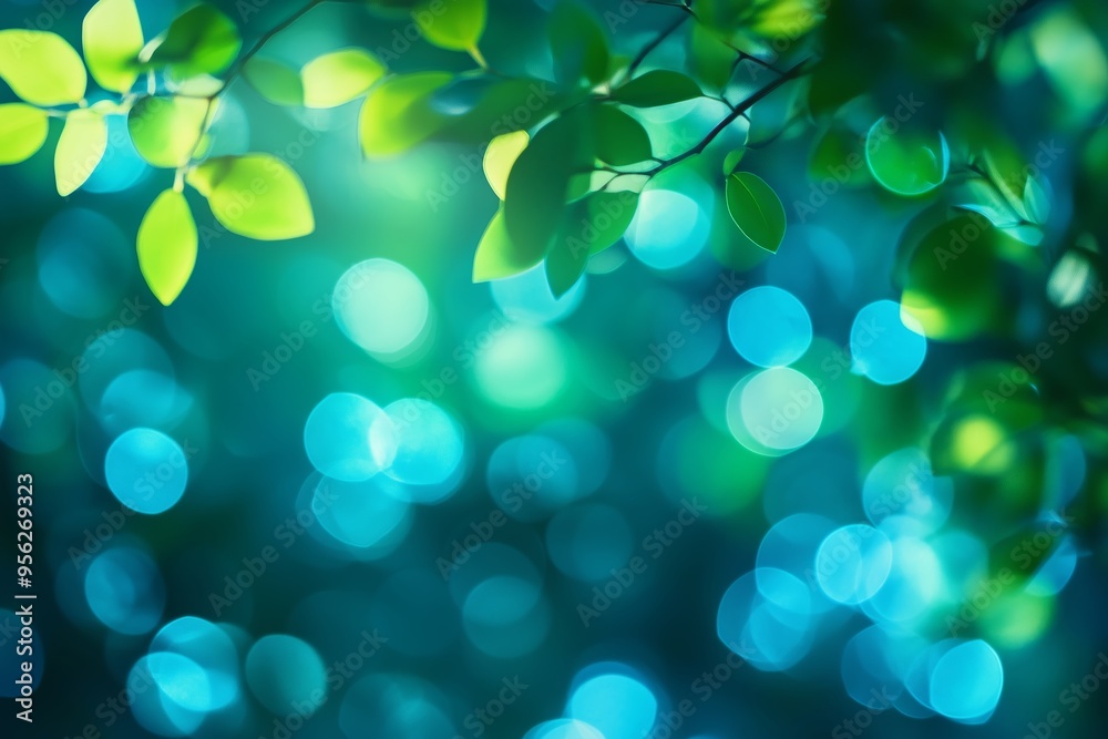 Fototapeta premium Green leaves illuminated by soft blue bokeh light in a serene natural setting during daytime