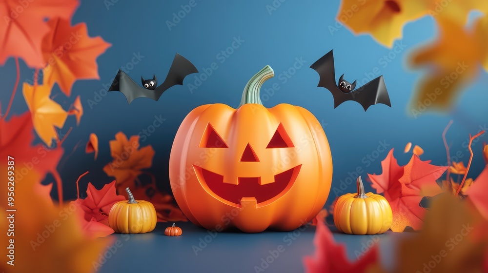 3D Rendering of Blank Billboard with Smiling Pumpkin and Bat on Geometric Shape for Halloween Promotion. AI generated illustration.