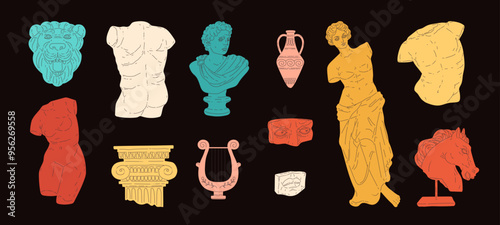 Ancient sculptures body figure, lion horse head statue vector collection set, stone antique columns Greek art exhibition