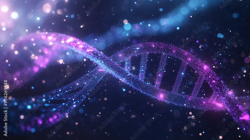 3D rendering, double helix DNA molecule structure, glowing blue and green and purple chains, placed on a dark scientific background 3D rendering, double helix DNA molecule structure, glowing blue and green and purple chains, placed on a dark scientific background