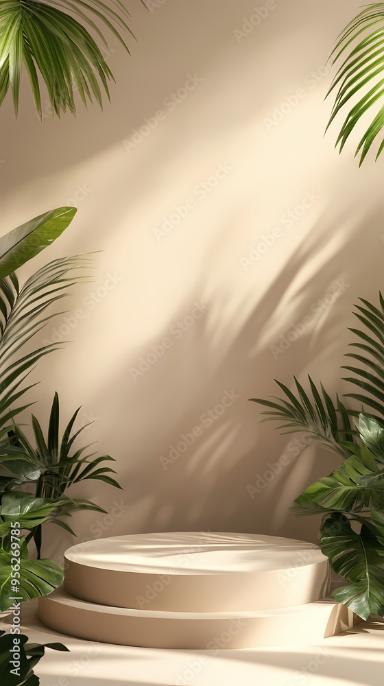 Indoor exhibition space decorated with circular platform and green plants Indoor exhibition space decorated with circular platform and green plants