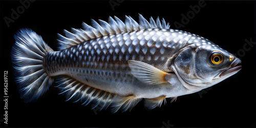 Scaly armored fish, fierce expression, posing in shadowy depths photo