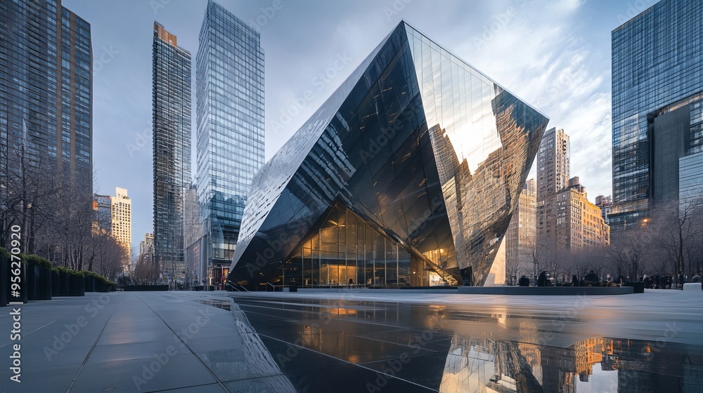 Naklejka premium Sleek and contemporary, this building boasts sharp lines and a minimalist style. The combination of glass and steel creates a reflective exterior that mirrors the urban landscape. 