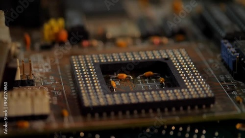 Socket for installing a processor on a vintage motherboard close-up