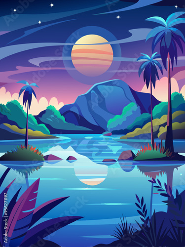Nighttime Tropical Landscape with a Full Moon and Palm Trees