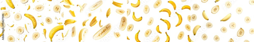 Half peeled banana falling on white background, selective focus, isolated Half peeled banana falling on white background, selective focus, isolated