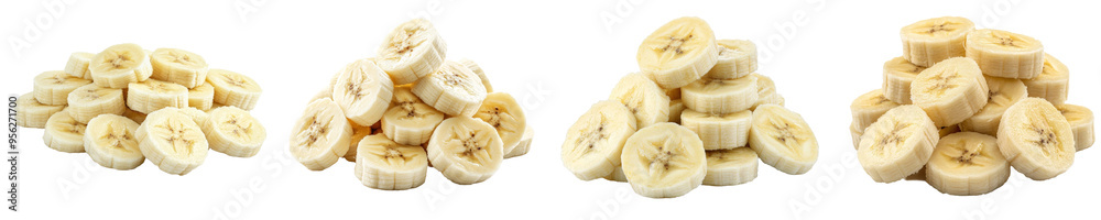 An isolated banana slice with peeled fruit on a white background with full depth of field. An isolated banana slice with peeled fruit on a white background with full depth of field.