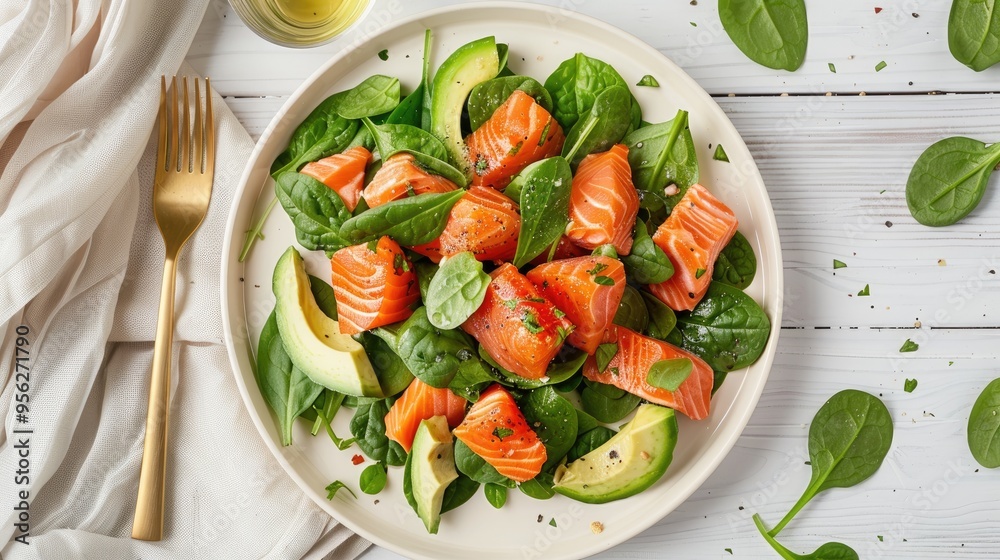 salmon spinach avocado and green pepper salad on a white plate with golden fork and knife on a white wood table with ingredients mediterranean healthy diet horizontal view from above salmon spinach avocado and green pepper salad on a white plate with golden fork and knife on a white wood table with ingredients mediterranean healthy diet horizontal view from above